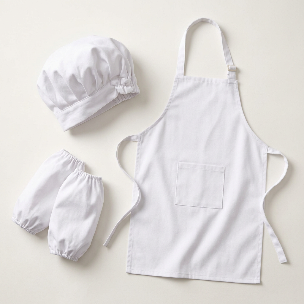kids apron, hat and sleeve set in white, laid flat on a cream background