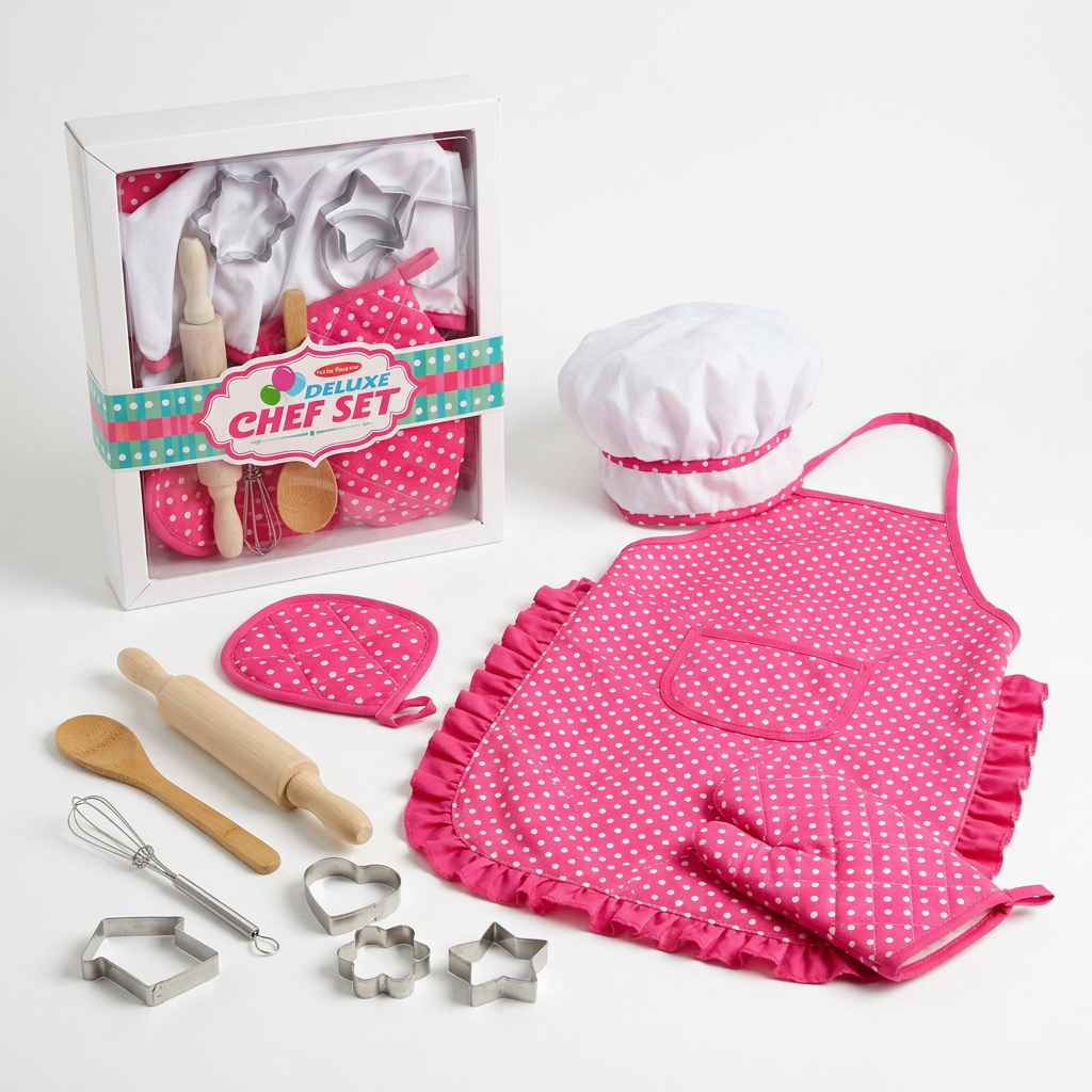 kids baking tools set with pink polka dot apron, chef hat, mitt and cutters