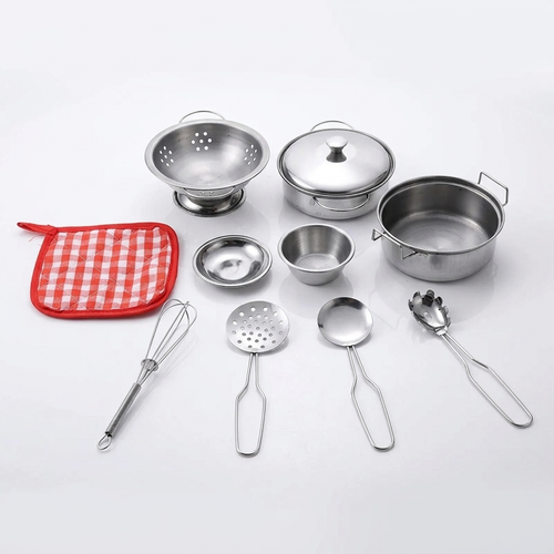 stainless steel cooking tools for kids with pots, colander, utensils and a pot holder