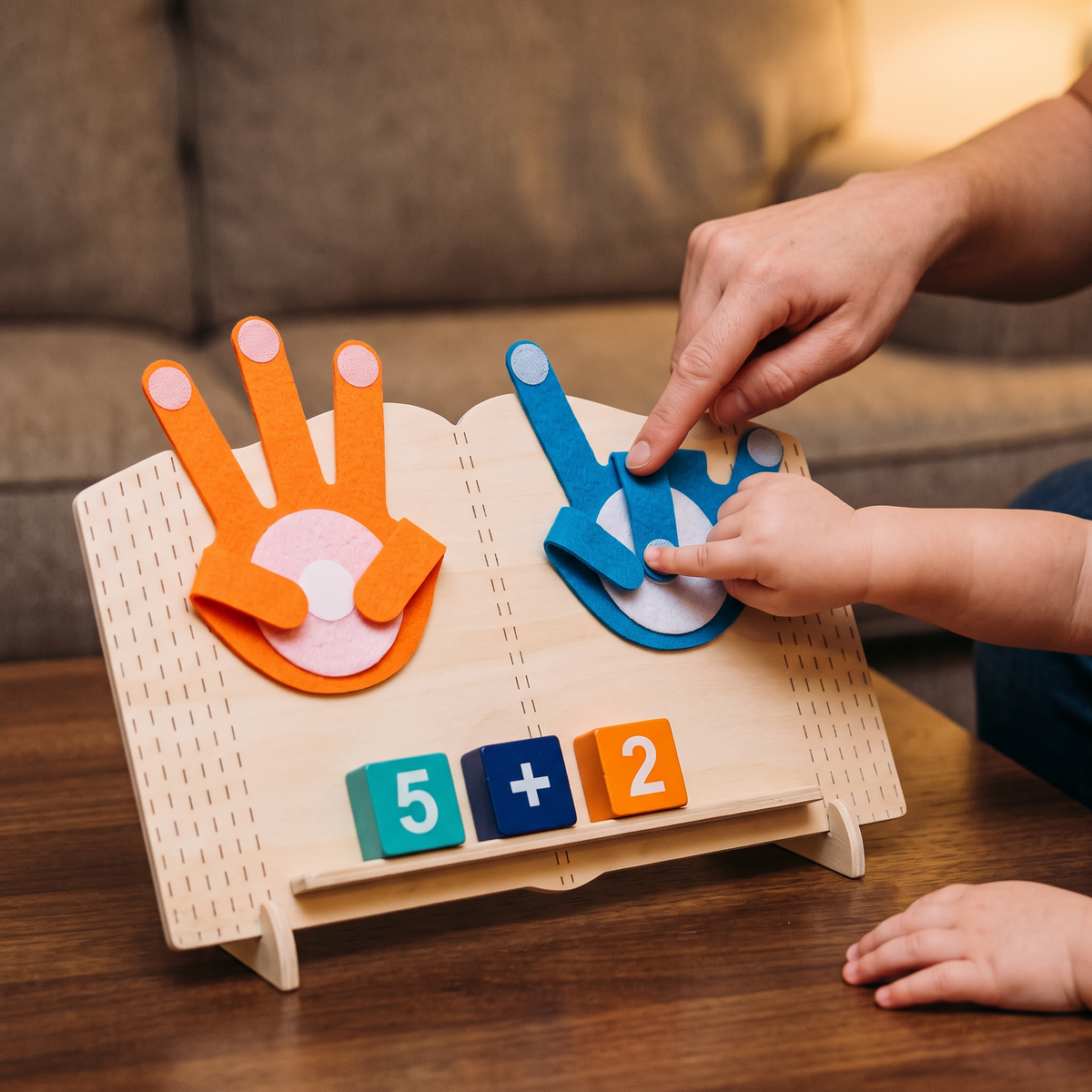 Parent pointing while a child folds a blue felt finger for 5 plus 2