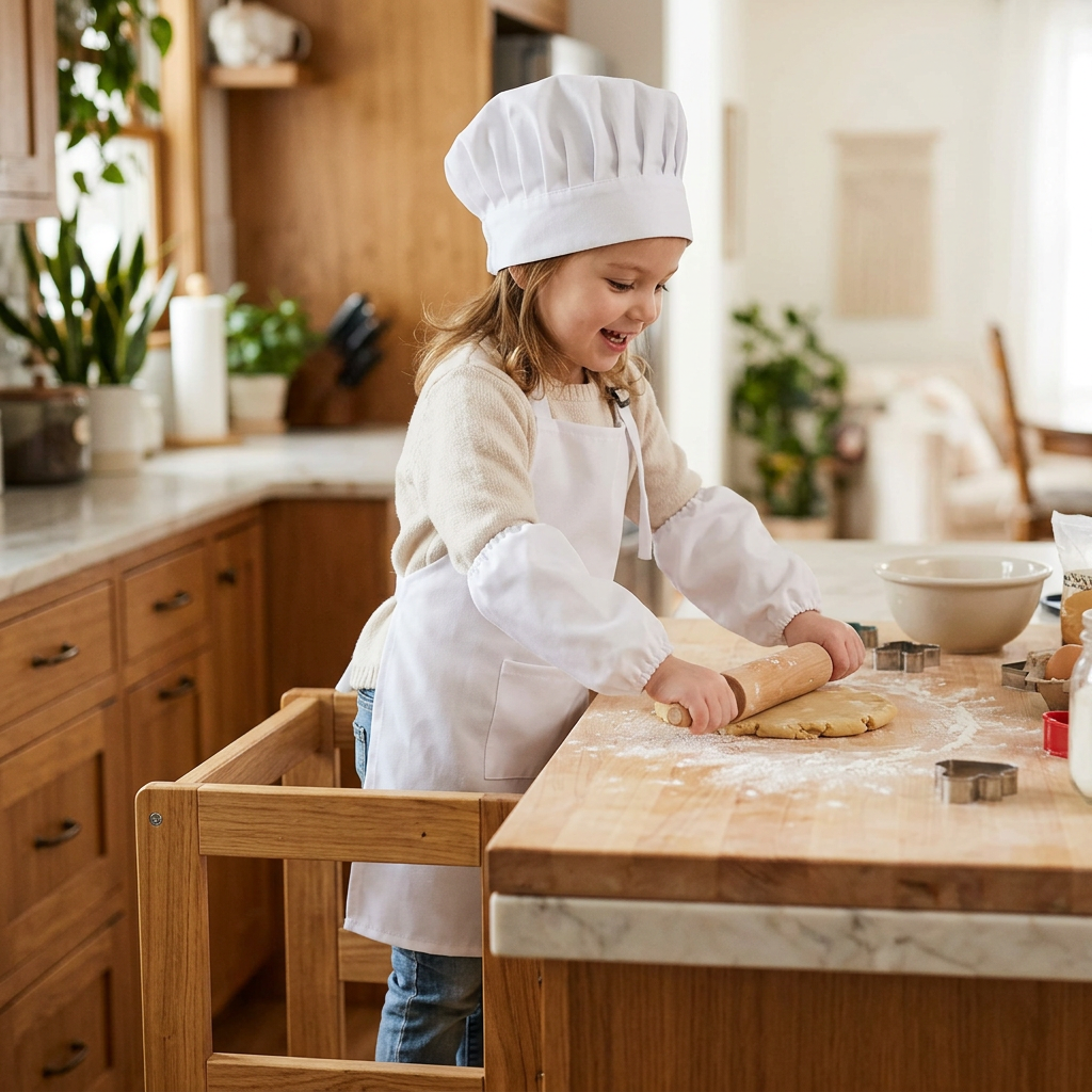 girl in a white chef hat, apron and sleeves rolling cookie dough