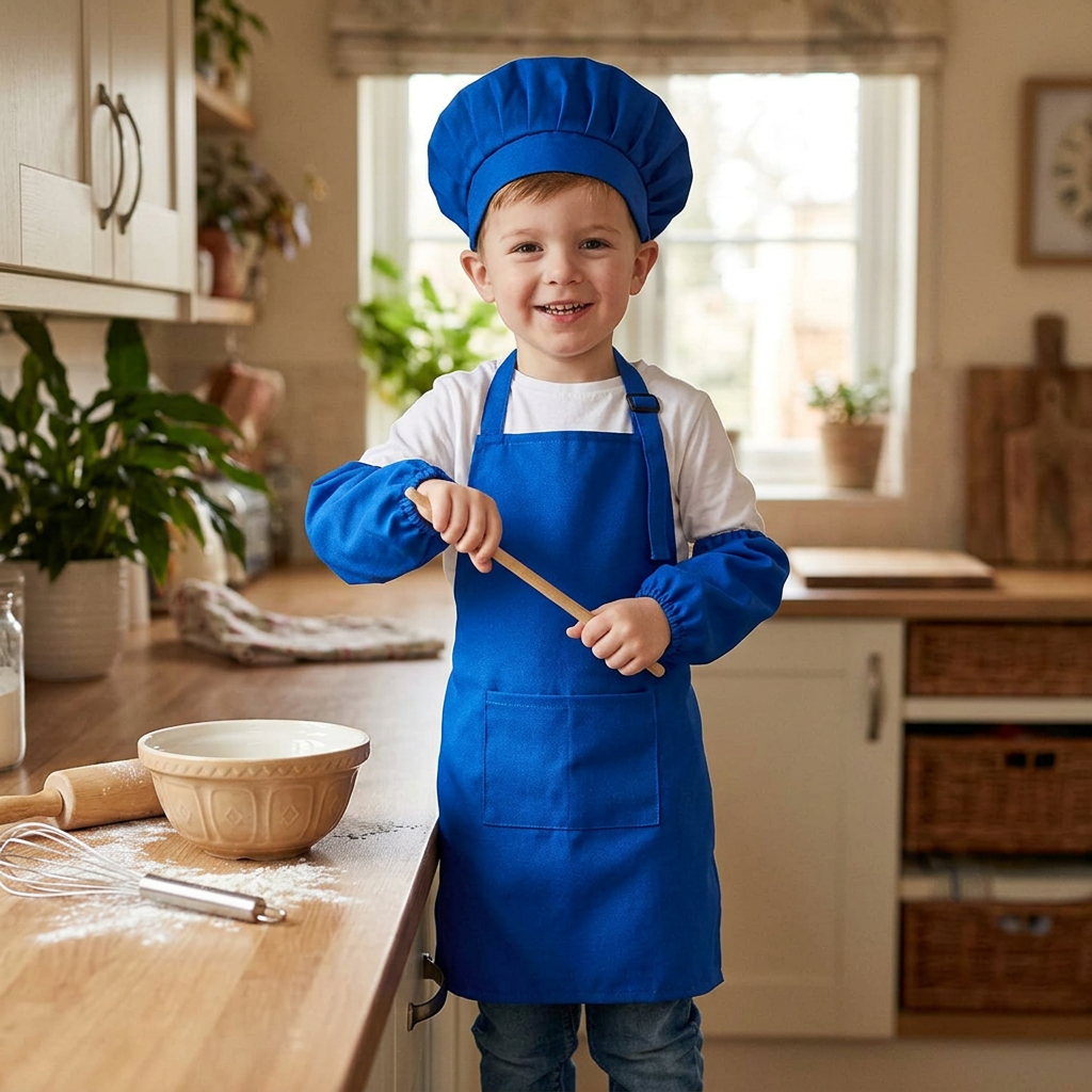 smiling boy in a blue chef hat, apron and sleeves holding a wooden spoon