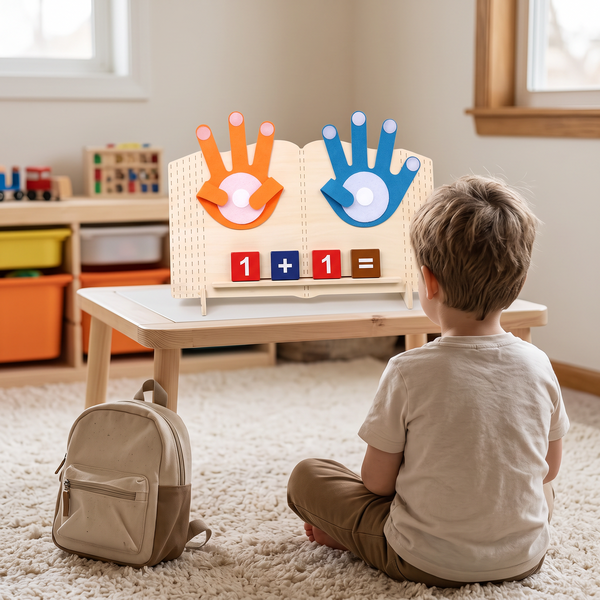 Preschooler sitting on a rug facing the wooden board showing 1 plus 1