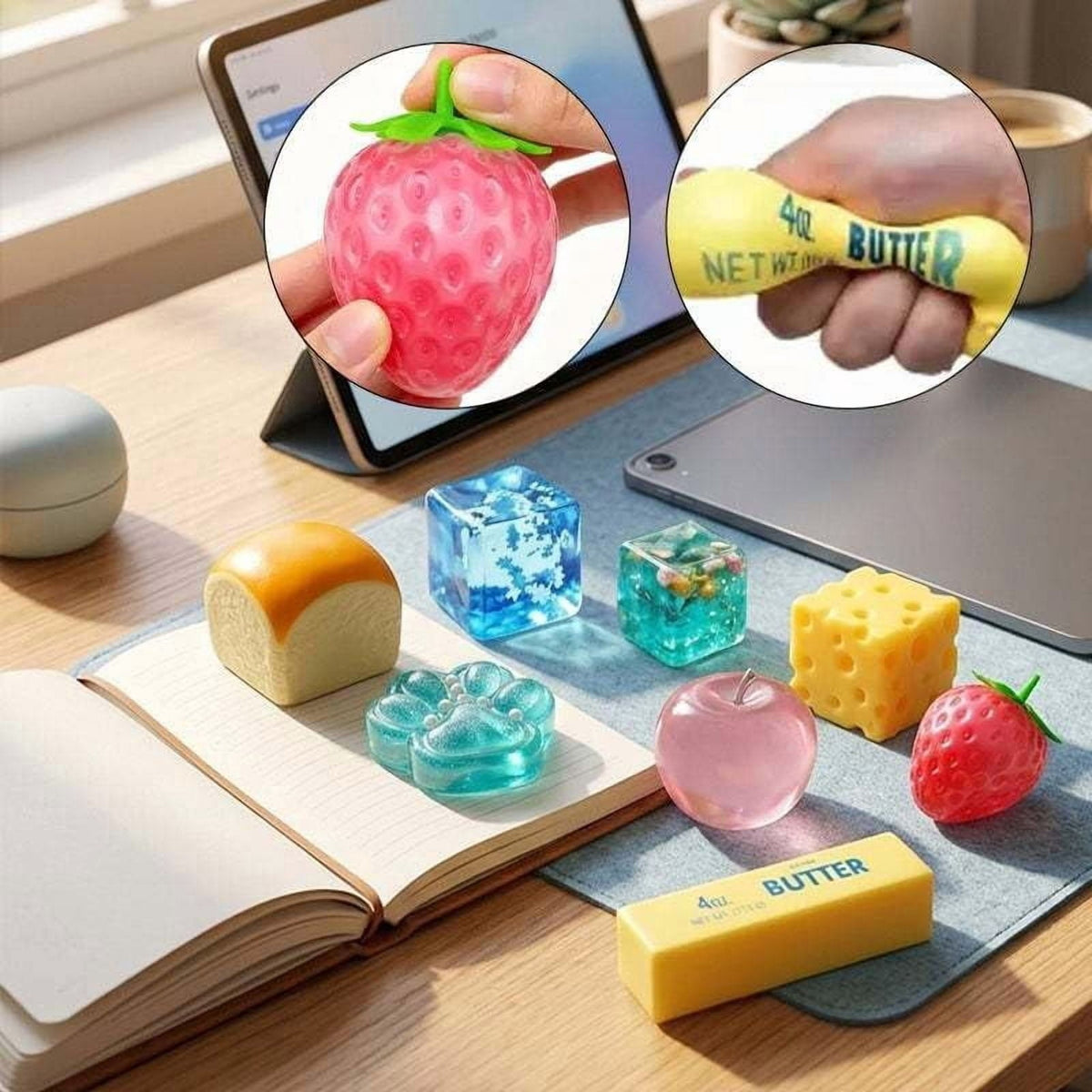 all 8 squishies laid out on a study desk beside a notebook and tablet
