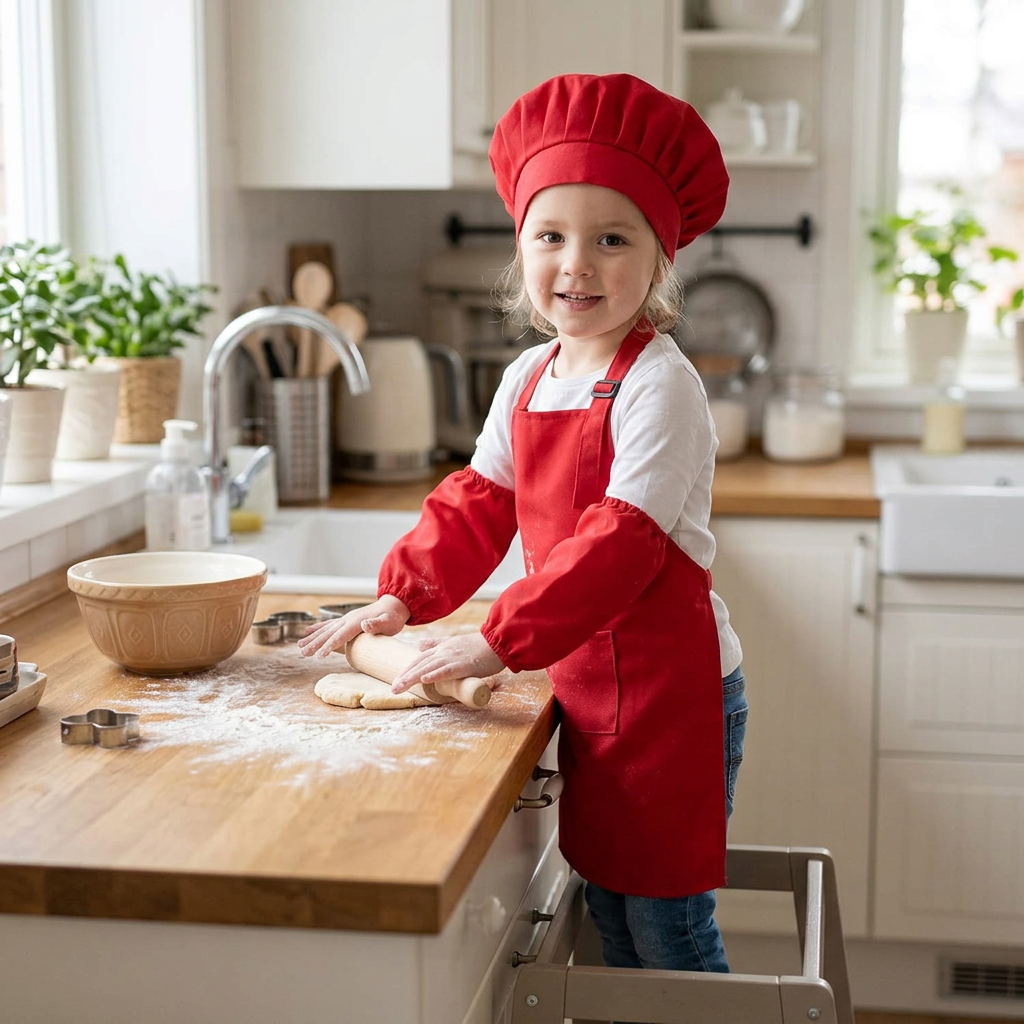 girl in a red chef hat, apron and sleeves rolling dough in a kitchen