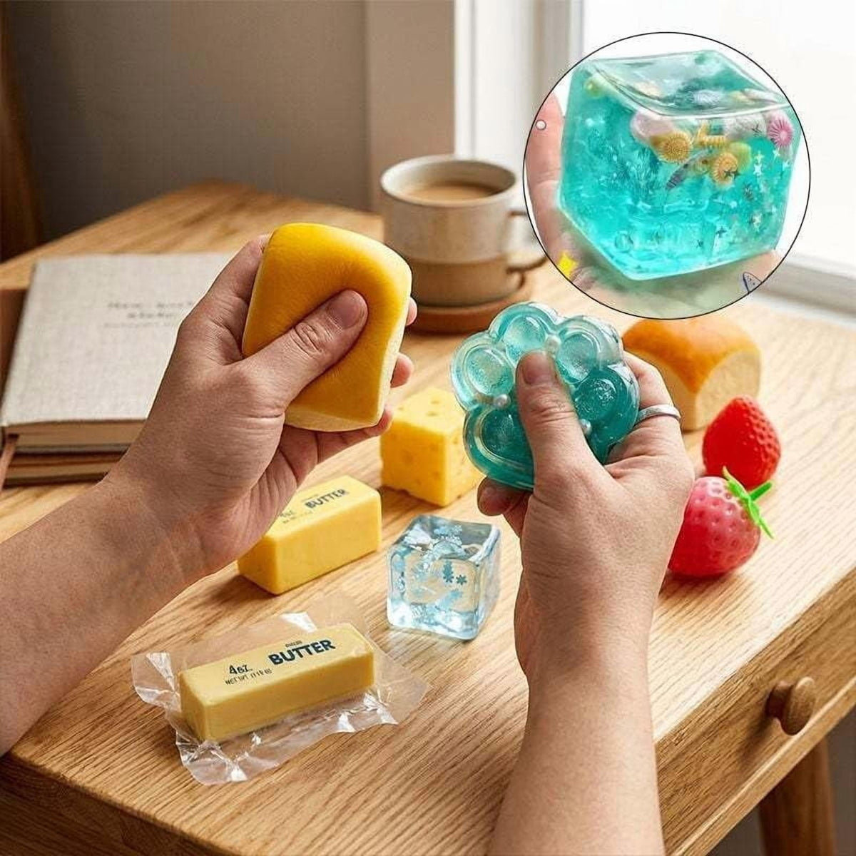 hands squeezing the bread and pearly teal cat paw squishies at a table