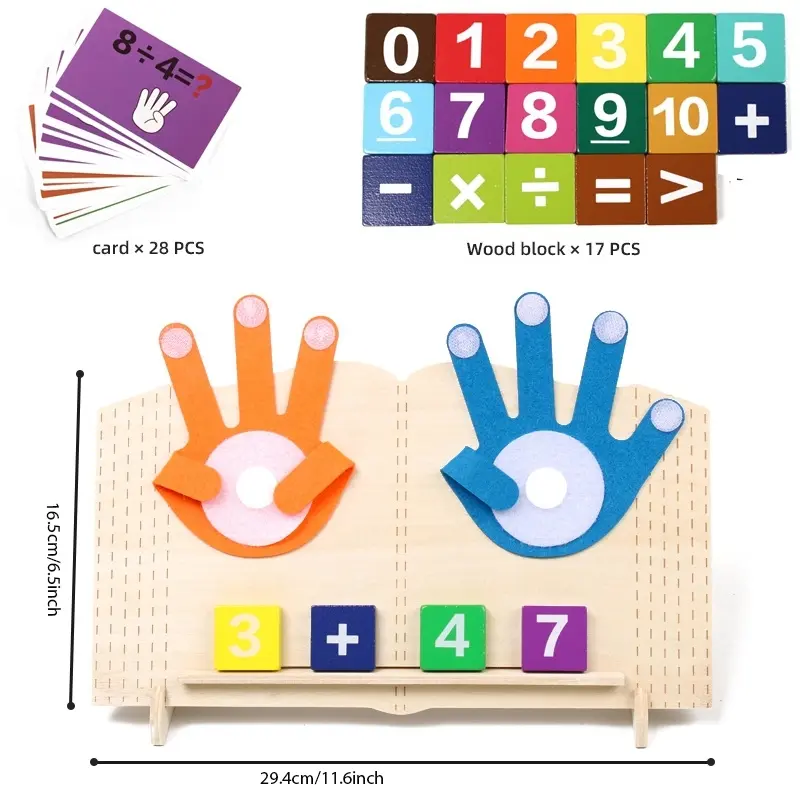 Wooden board with orange and blue felt hands, 17 number blocks, 28 sum cards