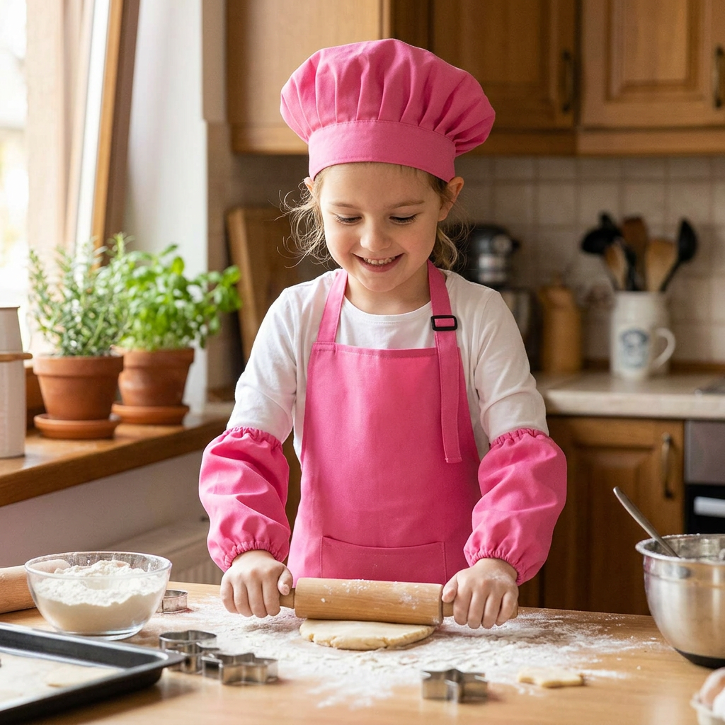 girl in a pink chef hat, apron and sleeves rolling dough with cookie cutters