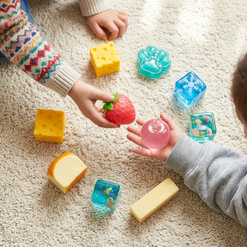 two kids on a rug trading the red strawberry and pink apple squishies