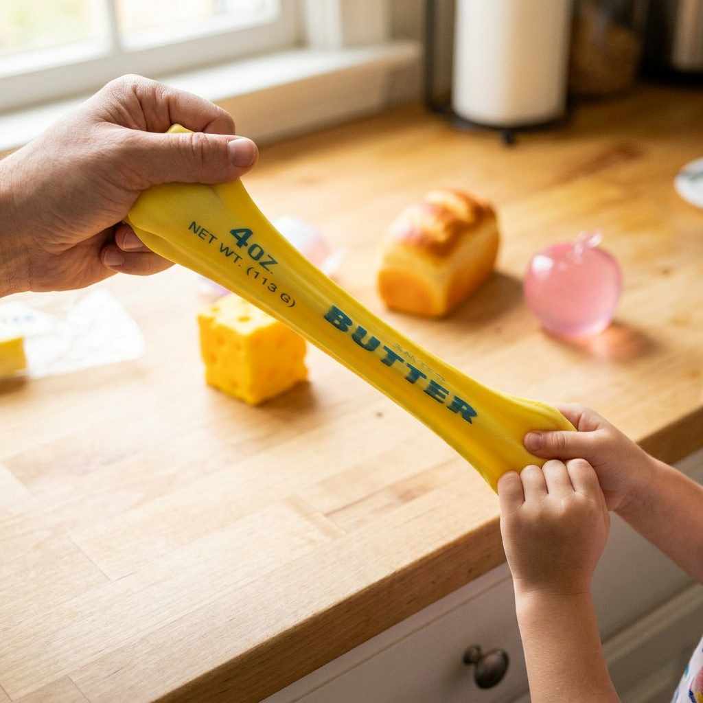 parent and child stretching the yellow butter squishy over a kitchen counter