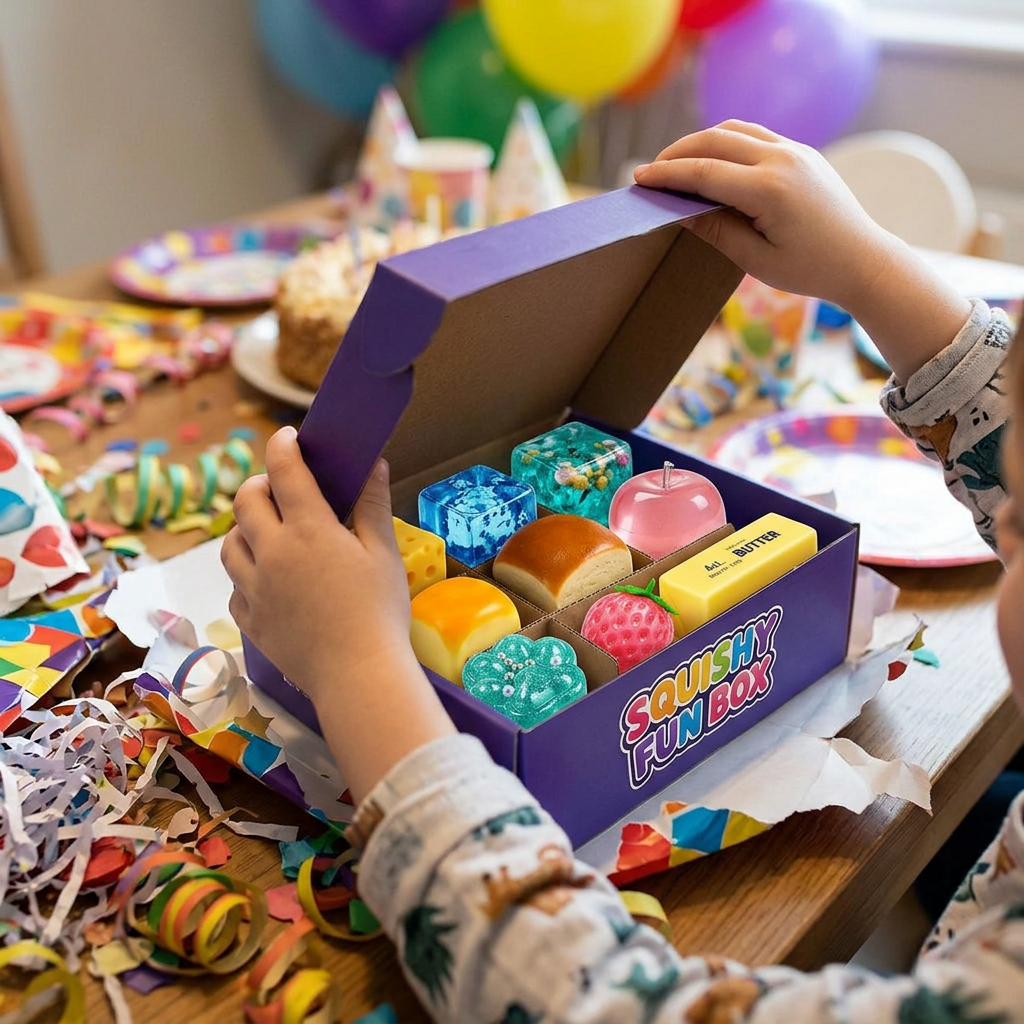 child opening a box of 8 squishy toys for kids at a birthday party