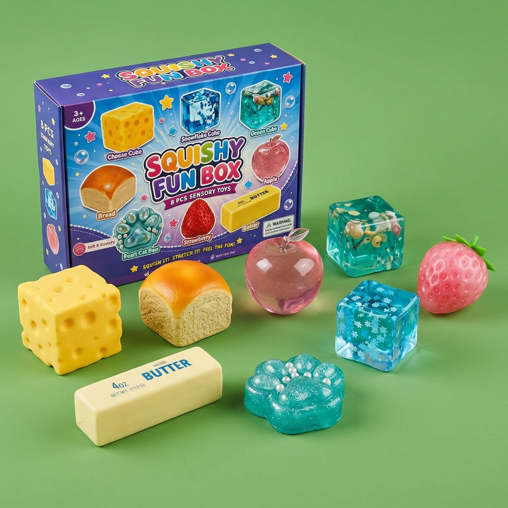 squishy fun box packaging with all 8 squishies laid out in front of it