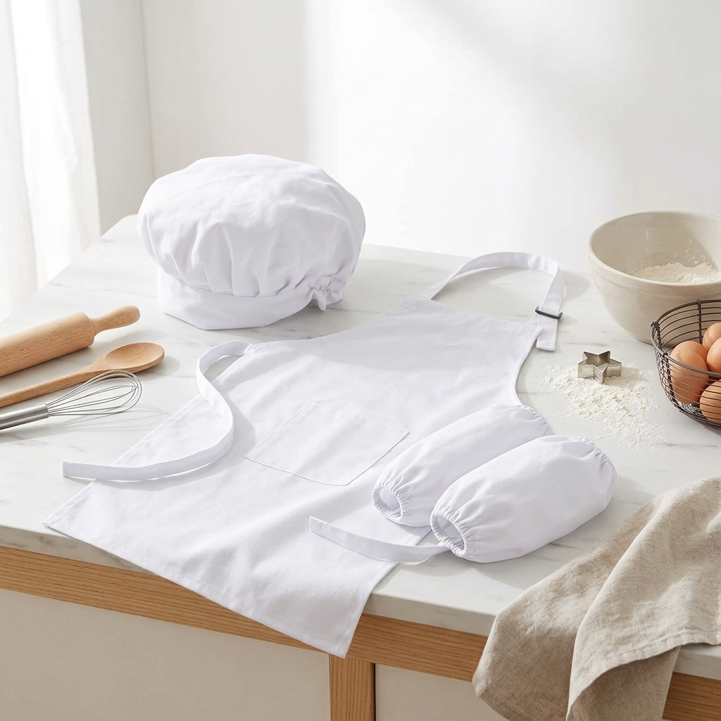 white chef hat, apron and sleeves laid on a marble counter with baking tools